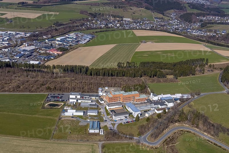 Aerial view, new laboratory building on the premises of the Fraunhofer Institute for Molecular Biology and Applied Ecology, Grafschaft, Schmallenberg, Sauerland, North Rhine-Westphalia, Germany, construction area, construction site, construction measure, construction project, construction site, DE, Europe, research facilities, research institute, aerial photograph, aerial photography, aerial photography, new building, overview, bird's-eye view, overview