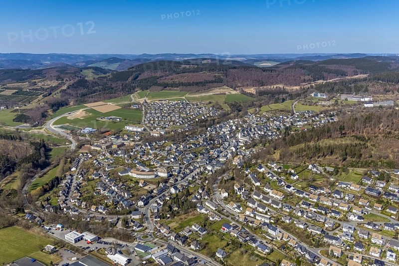 Aerial view, construction site and new construction of the L776n bypass, MVZ Medical Care Centre Bad Fredeburg, LWL Day Clinic Schmallenberg- Bad Fredeburg, Fredeburg, Schmallenberg, Sauerland, North Rhine-Westphalia, Germany, construction work, construction area, construction site, building plots, construction project, construction project, construction site, DE, Europe, distant view, healthcare, hospital, clinic, clinic centre, hospital, aerial view, aerial photography, aerial photography, medical facility, new building, emergency service, overview, bird's-eye view, forest area, birds-eyes view, overview, medical care