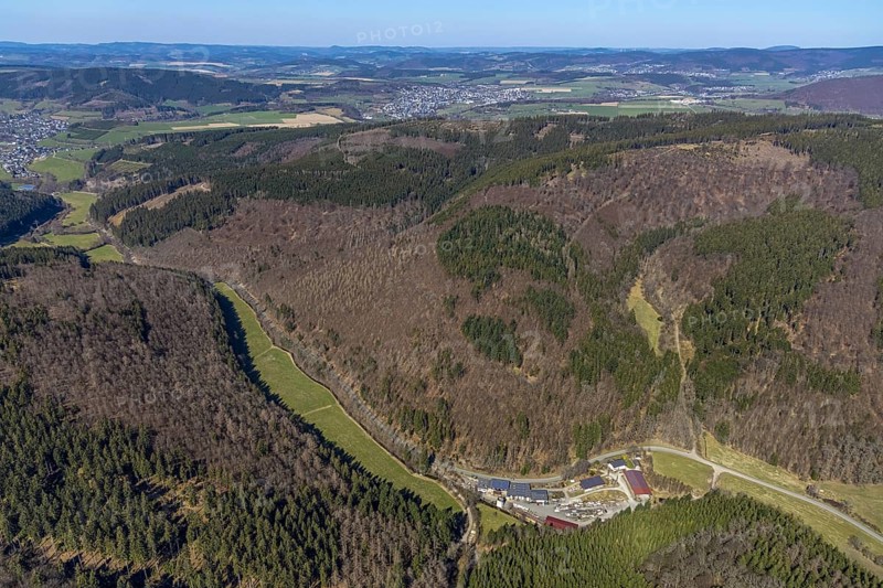 Aerial view, Mountains and valleys Waidmannsruh, Sawmill Gebr. Coal, Schmallenberg, Sauerland, North Rhine-Westphalia, Germany, DE, Europe, distant view, commercial enterprises, commercial area, commercial site, commercial use, hilly landscape, industrial area, industrial site, aerial view, aerial photography, aerial photography, mixed forest, photovoltaic, photovoltaic plant, solar, solar plant, solar energy, solar energy, overview, bird's-eye view, forest, forest area, living and life, quality of life, birds-eyes view, overview