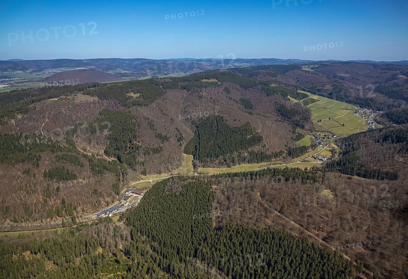 Aerial view, Mountains and valleys Waidmannsruh, Sawmill Gebr. Coal, living and living in Latrop, Schmallenberg, Sauerland, North Rhine-Westphalia, Germany, DE, Europe, distant view, commercial enterprises, commercial area, commercial area, commercial location, commercial use, property tax, hilly landscape, real estate, industrial area, industrial location, aerial view, aerial photography, aerial photography, mixed forest, photovoltaic, photovoltaic system, solar, solar system, solar energy, solar energy, overview, bird's-eye view, forest, forest area, living and life, residential buildings, quality of life, birds-eyes view, overview