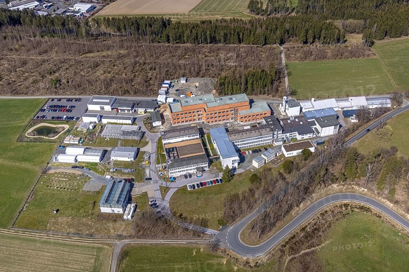 Aerial view, new laboratory building on the premises of the Fraunhofer Institute for Molecular Biology and Applied Ecology, Grafschaft, Schmallenberg, Sauerland, North Rhine-Westphalia, Germany, construction area, construction site, construction measure, construction project, construction site, DE, Europe, research facilities, research institute, aerial photograph, aerial photography, aerial photography, new building, overview, bird's-eye view, overview