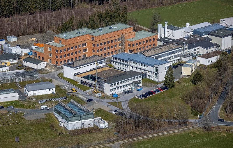 Aerial view, new laboratory building on the premises of the Fraunhofer Institute for Molecular Biology and Applied Ecology, Grafschaft, Schmallenberg, Sauerland, North Rhine-Westphalia, Germany, construction area, construction site, construction measure, construction project, construction site, DE, Europe, research facilities, research institute, aerial photograph, aerial photography, aerial photography, new building, overview, bird's-eye view, overview