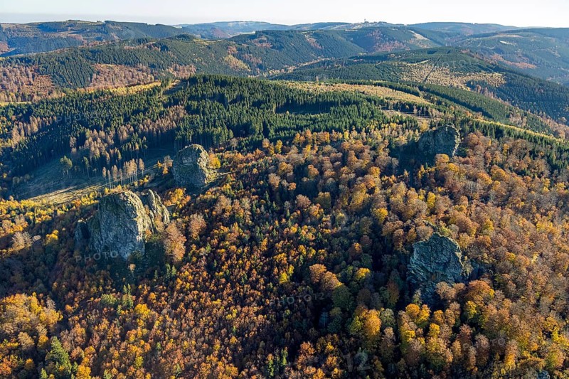 Aerial view, autumn forest and Bruchhauser Steine in the district Bruchhausen in Olsberg, Sauerland, North Rhine-Westphalia, Germany, DE, Europe, geotope with rock formations, landscape conservation area, aerial view, aerial photography, aerial photography, nature reserve, Olsberg, overview, bird's-eye view, birds-eyes view, overview