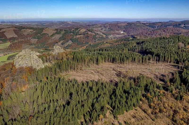 Aerial view, autumn forest and forest damage and Bruchhauser Steine in the district Bruchhausen in Olsberg, Sauerland, North Rhine-Westphalia, Germany, tree dieback, bark beetle damage, bark beetle plague, DE, Europe, spruce dieback, geotope with rock formations, clear-cutting, landscape conservation area, aerial view, aerial photography, aerial photography, nature reserve, Olsberg, overview, bird's eye view, forest, forest damage, forest dieback, birds-eyes view, overview