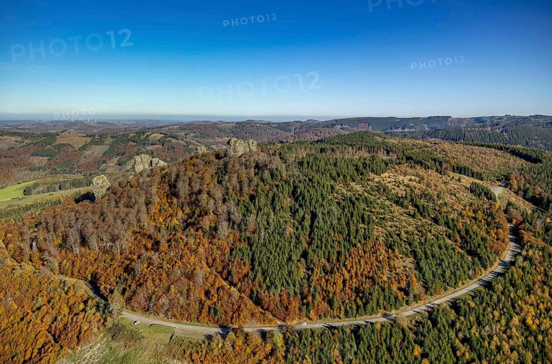 Aerial view, autumn forest and Bruchhauser Steine in the district Bruchhausen in Olsberg, Sauerland, North Rhine-Westphalia, Germany, DE, Europe, geotope with rock formations, landscape conservation area, aerial view, aerial photography, aerial photography, nature reserve, Olsberg, overview, bird's-eye view, birds-eyes view, overview