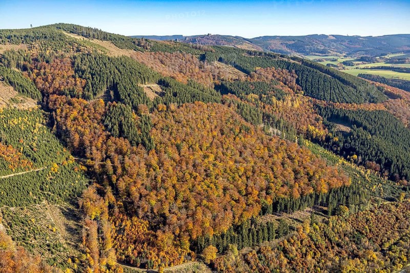 Aerial view, autumn forest and Bruchhauser Steine in the district Bruchhausen in Olsberg, Sauerland, North Rhine-Westphalia, Germany, DE, Europe, geotope with rock formations, landscape conservation area, aerial view, aerial photography, aerial photography, nature reserve, Olsberg, overview, bird's-eye view, birds-eyes view, overview