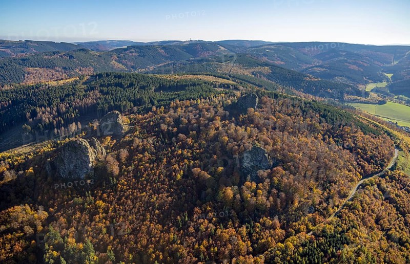 Aerial view, autumn forest and Bruchhauser Steine in the district Bruchhausen in Olsberg, Sauerland, North Rhine-Westphalia, Germany, DE, Europe, geotope with rock formations, landscape conservation area, aerial view, aerial photography, aerial photography, nature reserve, Olsberg, overview, bird's-eye view, birds-eyes view, overview