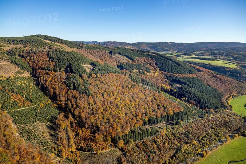 Aerial view, autumn forest and Bruchhauser Steine in the district Bruchhausen in Olsberg, Sauerland, North Rhine-Westphalia, Germany, DE, Europe, geotope with rock formations, landscape conservation area, aerial view, aerial photography, aerial photography, nature reserve, Olsberg, overview, bird's-eye view, birds-eyes view, overview