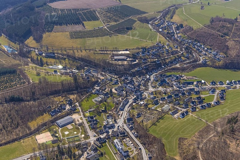 Aerial view, view of Oberkirchen, Schmallenberg, Sauerland, North Rhine-Westphalia, Germany, DE, Europe, distant view, gastronomy, Landhotel Gasthof Schütte, aerial view, aerial photography, aerial photography, view of town, town area, overview, bird's-eye view, forest, forest area, birds-eyes view, overview