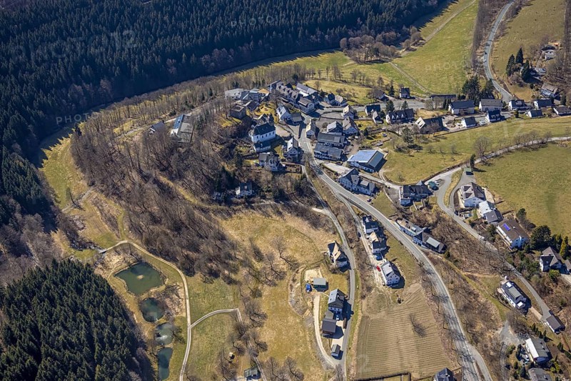 Aerial view, nature reserve Rehhecke, parish church St. Hubertus Nordenau and view of Nordenau, Schmallenberg, Sauerland, North Rhine-Westphalia, Germany, place of worship, DE, Europe, religious community, place of worship, holy place, church, parish, denomination, aerial view, aerial photography, aerial photography, NSG Rehhecke, religion, religious site, overview, bird's-eye view, overview
