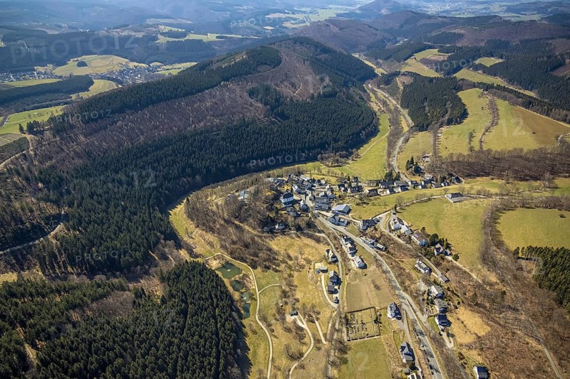 Aerial view, nature reserve Rehhecke, parish church St. Hubertus Nordenau and view of Nordenau, Schmallenberg, Sauerland, North Rhine-Westphalia, Germany, place of worship, mountains and valleys, DE, Europe, religious community, place of worship, holy site, hilly landscape, church, parish, denomination, aerial view, aerial photography, aerial photography, NSG Rehhecke, religion, religious site, overview, bird's-eye view, forest area, birds-eyes view, overview