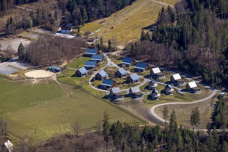 Aerial view, mountain village LiebesGrün, Schmallenberg, Sauerland, North Rhine-Westphalia, Germany, mountain chalets, mountain huts, DE, Europe, Lenninghof, aerial view, aerial photography, aerial photography, overview, holiday area, bird's eye view, birds-eyes view, overview, overnight stay