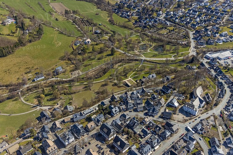 Aerial view, Town Hall, spa garden and New Cemetery, Schmallenberg, Sauerland, North Rhine-Westphalia, Germany, burial site, authority, DE, Europe, cemetery, memorial, Gottesacker, graves, burial ground, aerial photograph, aerial photography, aerial photography, park, resting place, overview, bird's-eye view, bird's-eye view, overview