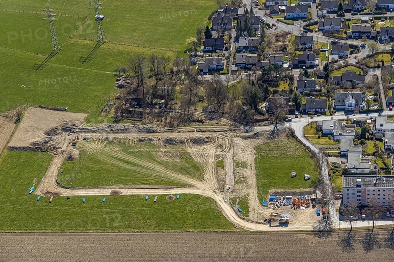 Aerial view, construction site, construction area Altes Feld II, Breslauer Straße, Schmallenberg, Sauerland, North Rhine-Westphalia, Germany, construction area, construction site, building plots, construction project, construction site, DE, Europe, property tax, real estate, aerial view, aerial photography, aerial photography, overview, bird's-eye view, residential area, housing and living, residential area, residential buildings, residential quality, residential neighbourhood, housing estate, birds-eyes view, overview