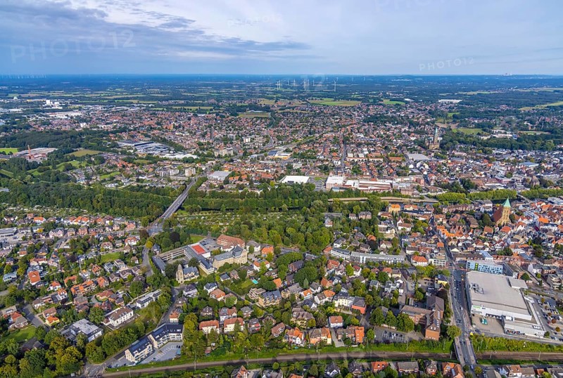 Aerial view, view of the town and the catholic church St. Antonius-Basilika in Rheine-Stadt in Rheine, Münsterland, North Rhine-Westphalia, Germany, place of worship, DE, Europe, distant view, religious community, place of worship, holy place, church, parish, denomination, aerial photograph, aerial photography, aerial photography, religion, religious site, Rheine, overview, bird's eye view, wind energy, wind turbine, wind energy plant, wind power, wind turbine, wind turbines, birds-eyes view, neo-Romanesque church building, overview