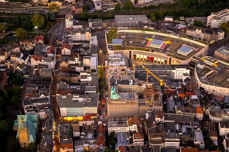Aerial view, old town with Kaiserwall, Palais Vest shopping centre, city centre, Recklinghausen, Ruhr area, North Rhine-Westphalia, Germany, construction site, DE, twilight photography, shopping centre, shopping malls, shopping centre, Europe, light pollution, aerial photography, aerial photography, night, night photography, night flight, shopping, shopping centre, overview, bird's eye view, illuminated streets, birds-eyes view, nightflight, overview