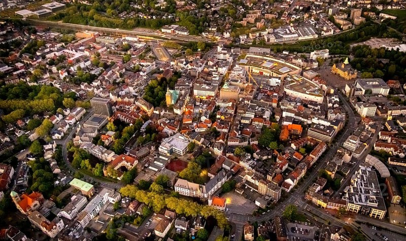 Aerial view, old town with Kaiserwall, Palais Vest shopping centre, town hall, catholic ProbsteiKirche St. Peter, city centre, Recklinghausen, Ruhr area, North Rhine-Westphalia, Germany, place of worship, authority, DE, twilight photography, shopping centre, shopping square, shopping mall, Europe, religious community, place of worship, holy place, church, parish, denomination, light pollution, aerial view, aerial photography, aerial photography, night, night photography, night flight, religion, religious site, shopping centre, overview, bird's eye view, illuminated streets, birds-eyes view, nightflight, overview