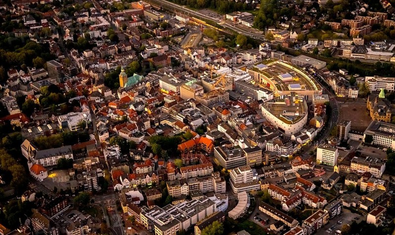 Aerial view, old town with Kaiserwall, Palais Vest shopping centre, catholic ProbsteiKirche St. Peter, city centre, Recklinghausen, Ruhr area, North Rhine-Westphalia, Germany, place of worship, DE, twilight photography, shopping centre, shopping square, shopping mall, Europe, religious community, place of worship, holy place, church, parish, denomination, light pollution, aerial photograph, aerial photography, night, night photography, night flight, religion, religious site, shopping centre, overview, bird's-eye view, illuminated streets, birds-eyes view, nightflight, overview