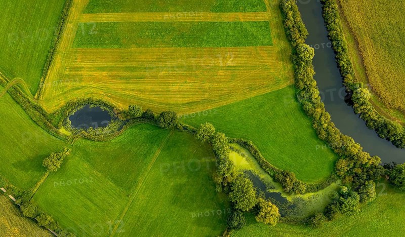 Aerial view, river Ems in the nature reserve Emsaue at the district Gellendorf in Rheine, Münsterland, North Rhine-Westphalia, Germany, DE, Europe, shapes and colours, aerial view, aerial photography, aerial photography, NSG Emsauen, Rheine, overview, bird's eye view, birds-eyes view, overview