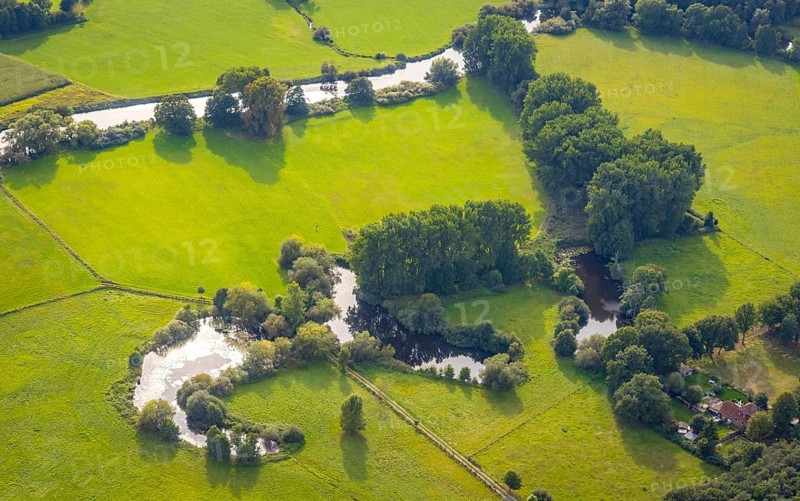 Aerial view, river Ems in the nature reserve Emsaue at the district Gellendorf in Rheine, Münsterland, North Rhine-Westphalia, Germany, DE, Europe, shapes and colours, aerial view, aerial photography, aerial photography, NSG Emsauen, Rheine, overview, bird's eye view, birds-eyes view, overview