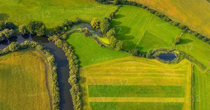 Aerial view, river Ems in the nature reserve Emsaue at the district Gellendorf in Rheine, Münsterland, North Rhine-Westphalia, Germany, DE, Europe, shapes and colours, aerial view, aerial photography, aerial photography, NSG Emsauen, Rheine, overview, bird's eye view, birds-eyes view, overview