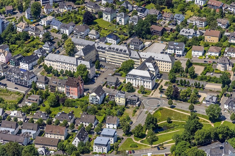 Aerial photo, Olpe district administration, Olpe town, Olpe, Sauerland, North Rhine-Westphalia, Germany, authority, DE, Europe, roundabout, roundabout traffic, district administration, aerial view, aerial photography, aerial photography, overview, bird's-eye view, overview
