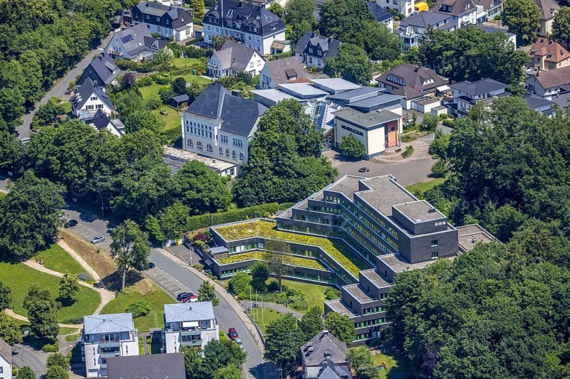 Aerial photo, Olpe tax office and catholic Gallenberg school, Olpe town, Olpe, Sauerland, North Rhine-Westphalia, Germany, authority, education, educational institution, DE, Europe, tax office, primary school, teaching institute, aerial photo, aerial photography, aerial photography, school, overview, bird's-eye view, birds-eyes view, overview