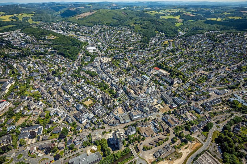 Aerial view, city centre view, town hall, St. Martinus Church, Olpe city, Olpe, Sauerland, North Rhine-Westphalia, Germany, old railway station, place of worship, authority, DE, Europe, health care, religious community, place of worship, holy place, hospital, church, church community, clinic, clinic centre, denomination, hospital, hospital, aerial view, aerial photography, aerial photography, medical facility, medical aid, religion, religious site, St. Martinus-Hospital, overview, bird's-eye view, birds-eyes view, overview, medical care