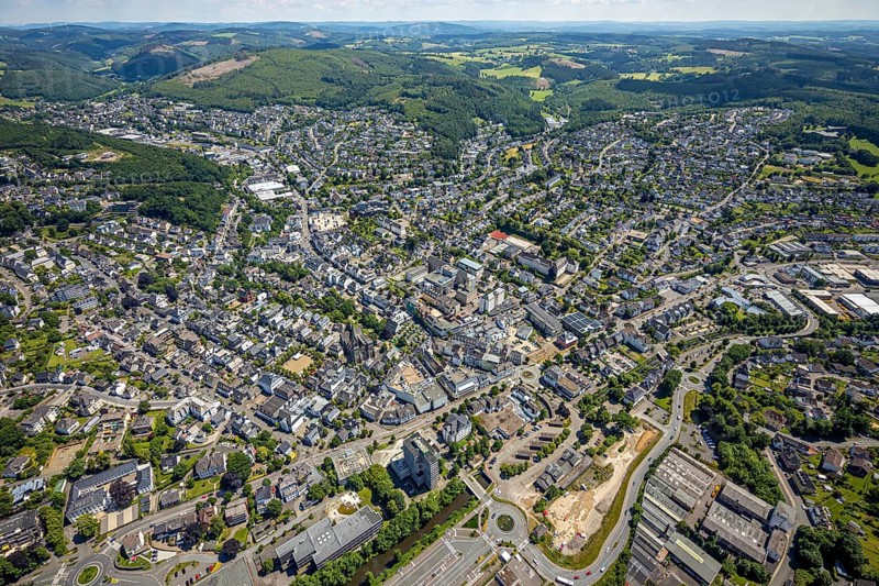 Aerial view, city centre view, town hall, St. Martinus Church, Olpe city, Olpe, Sauerland, North Rhine-Westphalia, Germany, old railway station, place of worship, authority, DE, Europe, health care, religious community, place of worship, holy place, hospital, church, church community, clinic, clinic centre, denomination, hospital, hospital, aerial view, aerial photography, aerial photography, medical facility, medical aid, religion, religious site, St. Martinus-Hospital, overview, bird's-eye view, birds-eyes view, overview, medical care