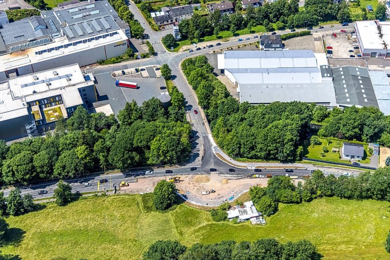 Aerial view, construction site for new roundabout Koblenzer Straße and Biggestraße, Olpe-Stadt, Olpe, Sauerland, North Rhine-Westphalia, Germany, construction work, construction area, building site, building plots, construction project, construction site, DE, Europe, roundabout, roundabout, aerial view, aerial photography, aerial photography, new construction, overview, bird's-eye view, overview