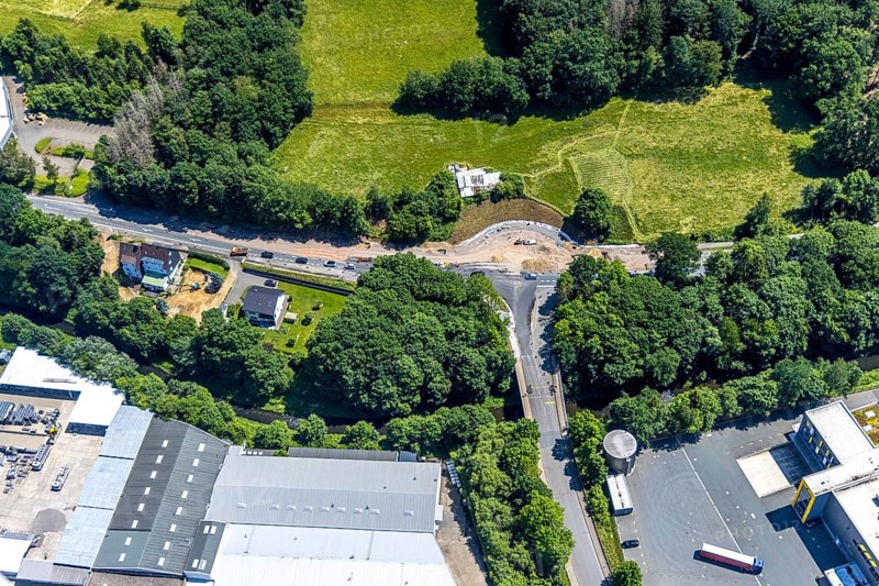 Aerial view, construction site for new roundabout Koblenzer Straße and Biggestraße, Olpe-Stadt, Olpe, Sauerland, North Rhine-Westphalia, Germany, construction work, construction area, building site, building plots, construction project, construction site, DE, Europe, roundabout, roundabout, aerial view, aerial photography, aerial photography, new construction, overview, bird's-eye view, overview