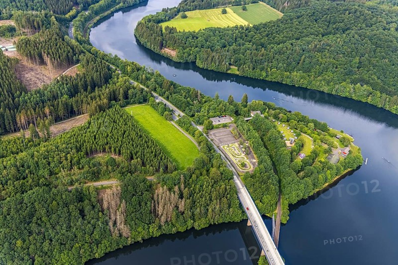 Aerial view, Biggesee, Bigge Elements leisure centre, rowing club RC Biggesee, Olpe town, Olpe, Sauerland, North Rhine-Westphalia, Germany, Biggetalsperre, DE, Europe, leisure facility, leisure area, aerial view, aerial photography, aerial photography, reservoir, overview, bird's-eye view, overview