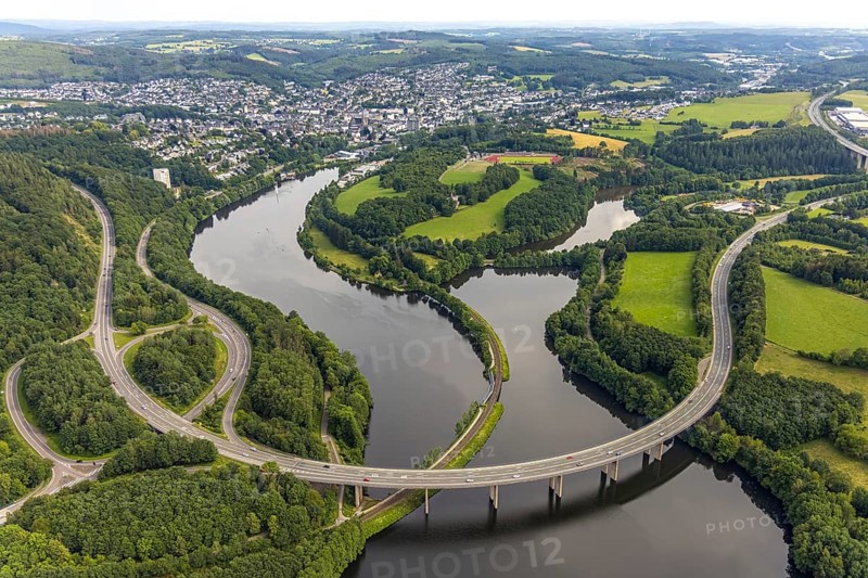 Aerial view, Biggesee, Obersee with bridge Landesstraße L512, bridge Bundesstraße B54, Olpe-Stadt, Olpe, Sauerland, North Rhine-Westphalia, Germany, Biggetalsperre, bridge, Bundesstraße B54, DE, Europe, shapes and colours, hilly landscape, aerial view, aerial photography, aerial photography, Ebbegebirge nature park Park, lake, reservoir, overview, bird's-eye view, bird's-eye view, overview