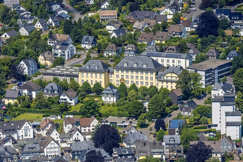 Aerial photo, Städtisches Gymnasium Olpe, Olpe-Stadt, Olpe, Sauerland, North Rhine-Westphalia, Germany, education, educational institution, DE, Europe, grammar school, teaching institute, aerial photo, aerial photography, aerial photography, school, Seminarstraße, overview, bird's eye view, birds-eyes view, overview