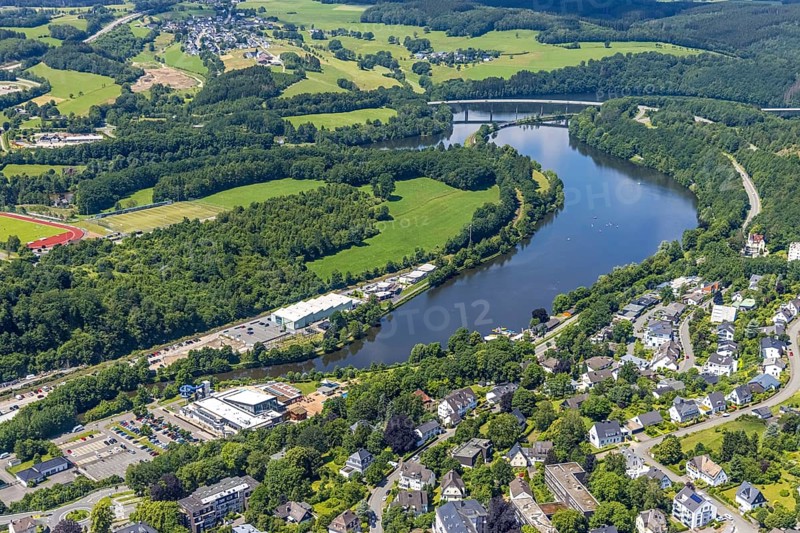Aerial view, Biggesee, Obersee, Olpe leisure pool, Olpe town, Olpe, Sauerland, North Rhine-Westphalia, Germany, bathing establishment, bathing resort, Biggetalsperre, DE, Europe, outdoor pool, leisure pool, leisure activities, aerial view, aerial photography, aerial photography, swimming pool, swimming pool, reservoir, dam, overview, bird's eye view, birds-eyes view, overview