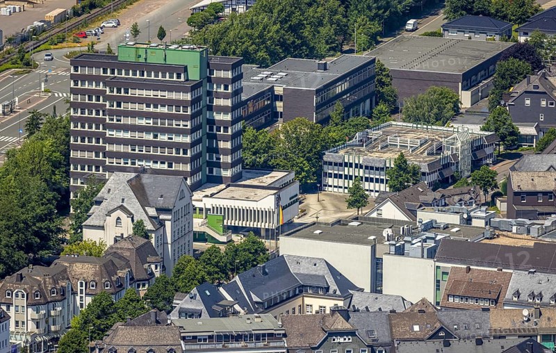Aerial view, town hall and town archive, Olpe town, Olpe, Sauerland, North Rhine-Westphalia, Germany, authority, DE, Europe, high-rise building, aerial view, aerial photography, aerial photography, town hall, overview, bird's-eye view, overview