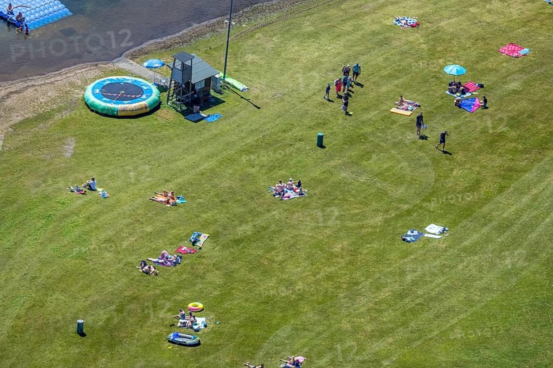 Aerial view, Biggesee, Camping Biggesee - Vier Jahreszeiten, bathers on sunbathing lawn, Sondern, Olpe, Sauerland, North Rhine-Westphalia, Germany, excursion boat, bathing fun, Biggetalsperre, boats, boat landing stage, DE, Europe, aerial view, aerial photography, aerial photography, lake, reservoir, dam, overview, bird's-eye view, overview