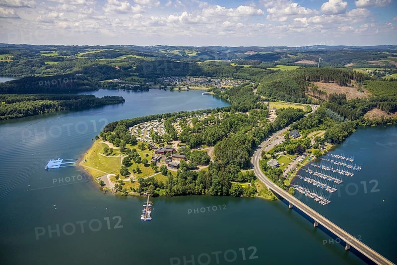 Aerial view, Biggesee, Camping Biggesee - Vier Jahreszeiten, Rhode, Olpe, Sauerland, North Rhine-Westphalia, Germany, excursion boat, Biggetalsperre, boats, boat landing stage, camping, camping facility, camping houses, camping mobile, campsite, DE, Europe, leisure, aerial view, aerial photography, aerial photography, lake, sailing boats, reservoir, dam, overview, bird's eye view, motorhome, caravan, birds-eyes view, overview