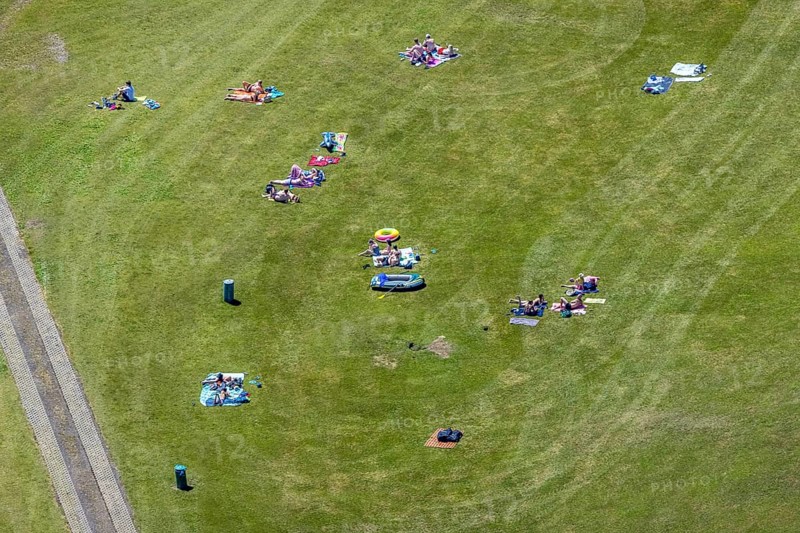 Aerial view, Biggesee, Camping Biggesee - Vier Jahreszeiten, bathers on sunbathing lawn, Sondern, Olpe, Sauerland, North Rhine-Westphalia, Germany, excursion boat, bathing fun, Biggetalsperre, boats, boat landing stage, DE, Europe, aerial view, aerial photography, aerial photography, lake, reservoir, dam, overview, bird's-eye view, overview