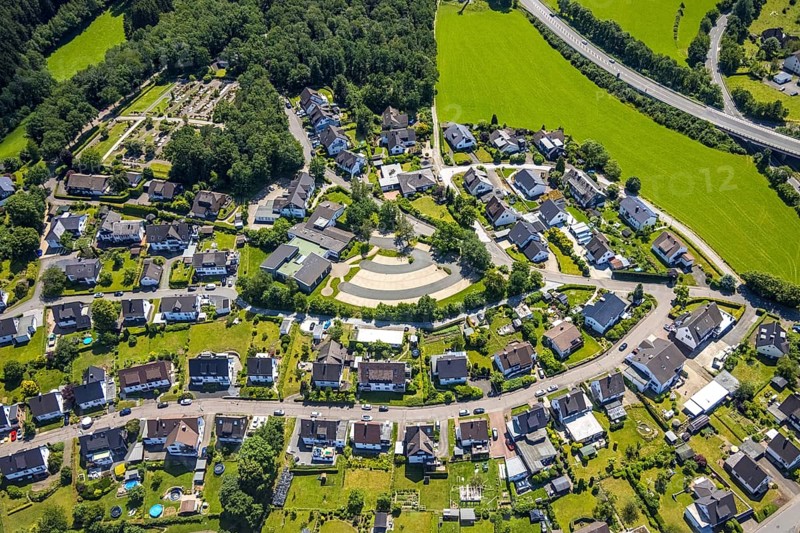 Aerial view, training academy for health care of the Catholic Hospital Association of South Westphalia and Caritas Association with car park, Rhode, Olpe, Sauerland, North Rhine-Westphalia, Germany, Caritas, DE, Europe, property tax, real estate, aerial view, aerial photography, aerial photography, car parks, overview, bird's-eye view, residential complex, living and living, residential area, residential buildings, quality of living, housing estate, bird's-eye view, overview