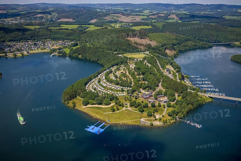 Aerial view, Biggesee, Camping Biggesee - Vier Jahreszeiten, pontoon, passenger navigation with the excursion boat Westfalen, Rhode, Olpe, Sauerland, North Rhine-Westphalia, Germany, excursion boat, bathing platform, Biggetalsperre, boats, boat landing stage, DE, Europe, aerial view, aerial photography, aerial photography, lake, sailing boats, reservoir, dam, overview, bird's eye view, birds-eyes view, overview
