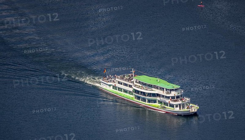 Aerial view, Biggesee, passenger navigation with the excursion boat Westfalen, Rhode, Olpe, Sauerland, North Rhine-Westphalia, Germany, Biggetalsperre, DE, Europe, aerial view, aerial photography, aerial photography, navigation, lake, reservoir, dam, overview, bird's-eye view, overview