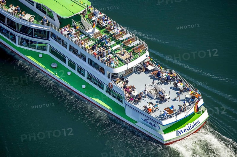 Aerial view, Biggesee, passenger navigation with the excursion boat Westfalen, sun deck, Sondern, Olpe, Sauerland, North Rhine-Westphalia, Germany, Biggetalsperre, DE, Europe, aerial view, aerial photography, aerial photography, navigation, lake, reservoir, dam, overview, bird's-eye view, overview