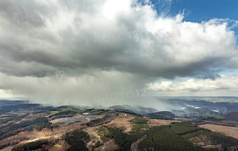Aerial view, Olper Entsorgungszentrum GmbH, cloud, snow shower, Oberveischede Unterneger, Olpe, Sauerland, Kreis Olpe, North Rhine-Westphalia, Germany, DE, Europe, composting plant Olpe, aerial view, aerial photography, aerial photography, recycling centre, rain clouds, overview, bird's eye view, cloud formation, birds-eyes view, overview