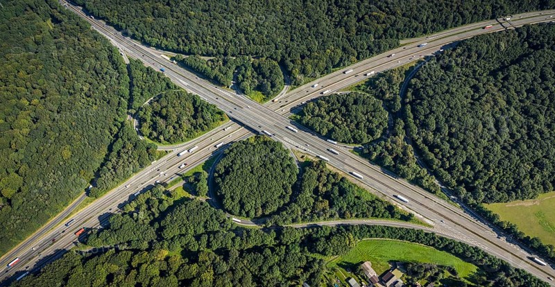 Aerial view, motorway junction Oberhausen with A2 and A3 in the district Königshardt in Oberhausen, Ruhr area, North Rhine-Westphalia, Germany, motorway junction, DE, Europe, cloverleaf shape, aerial view, aerial photography, aerial photography, Oberhausen, overview, bird's eye view, birds-eyes view, overview