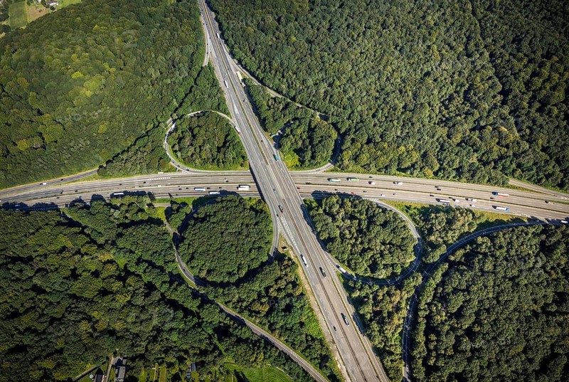 Aerial view, motorway junction Oberhausen with A2 and A3 in the district Königshardt in Oberhausen, Ruhr area, North Rhine-Westphalia, Germany, motorway junction, DE, Europe, cloverleaf shape, aerial view, aerial photography, aerial photography, Oberhausen, overview, bird's eye view, birds-eyes view, overview