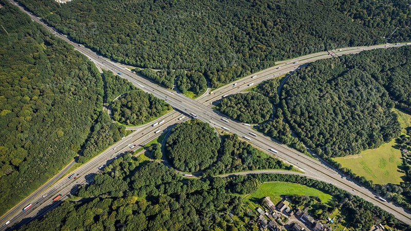 Aerial view, motorway junction Oberhausen with A2 and A3 in the district Königshardt in Oberhausen, Ruhr area, North Rhine-Westphalia, Germany, motorway junction, DE, Europe, cloverleaf shape, aerial view, aerial photography, aerial photography, Oberhausen, overview, bird's eye view, birds-eyes view, overview