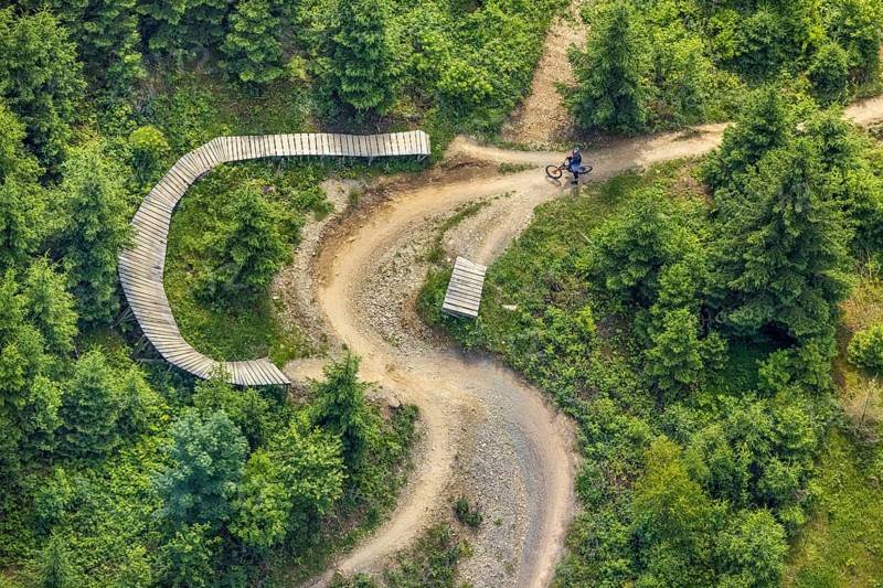 Aerial view, Bikepark Fahlenscheid, mountain bike facility Liftistan, Oberveischede, Olpe, Sauerland, North Rhine-Westphalia, Germany, DE, Europe, aerial view, aerial photography, aerial photography, sports facility, overview, bird's eye view, forest area, biking, birds-eyes view, overview