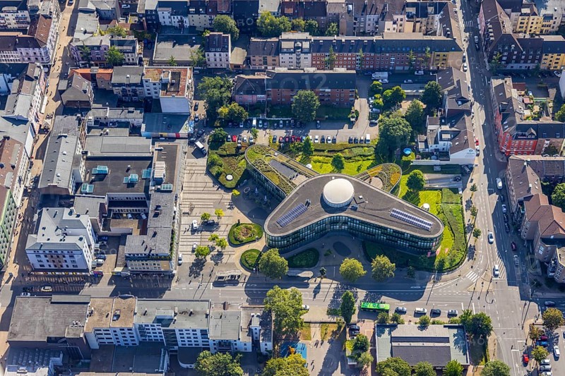 Aerial view, head office of Sparkasse Oberhausen, city centre, Oberhausen, Ruhr area, North Rhine-Westphalia, Germany, DE, Europe, finance, financial institution, aerial view, aerial photography, aerial photography, Sparkasse, overview, bird's-eye view, birds-eyes view, futuristic, overview