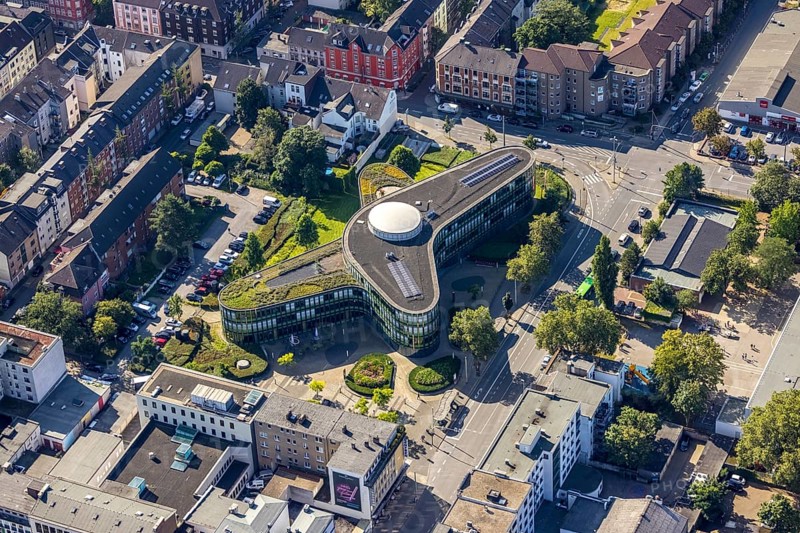 Aerial view, head office of Sparkasse Oberhausen, city centre, Oberhausen, Ruhr area, North Rhine-Westphalia, Germany, DE, Europe, finance, financial institution, aerial view, aerial photography, aerial photography, Sparkasse, overview, bird's-eye view, birds-eyes view, futuristic, overview